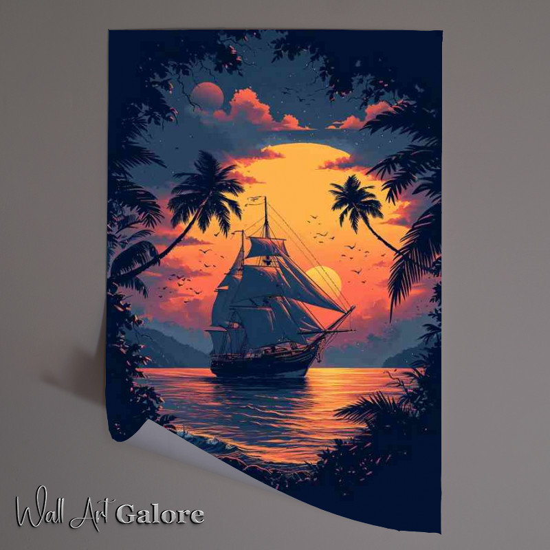 Buy Unframed Poster : (Yellow setting sun and a sailing ship)
