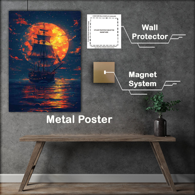 Buy Metal Poster : (pirate ship under the orange moonlit sky)