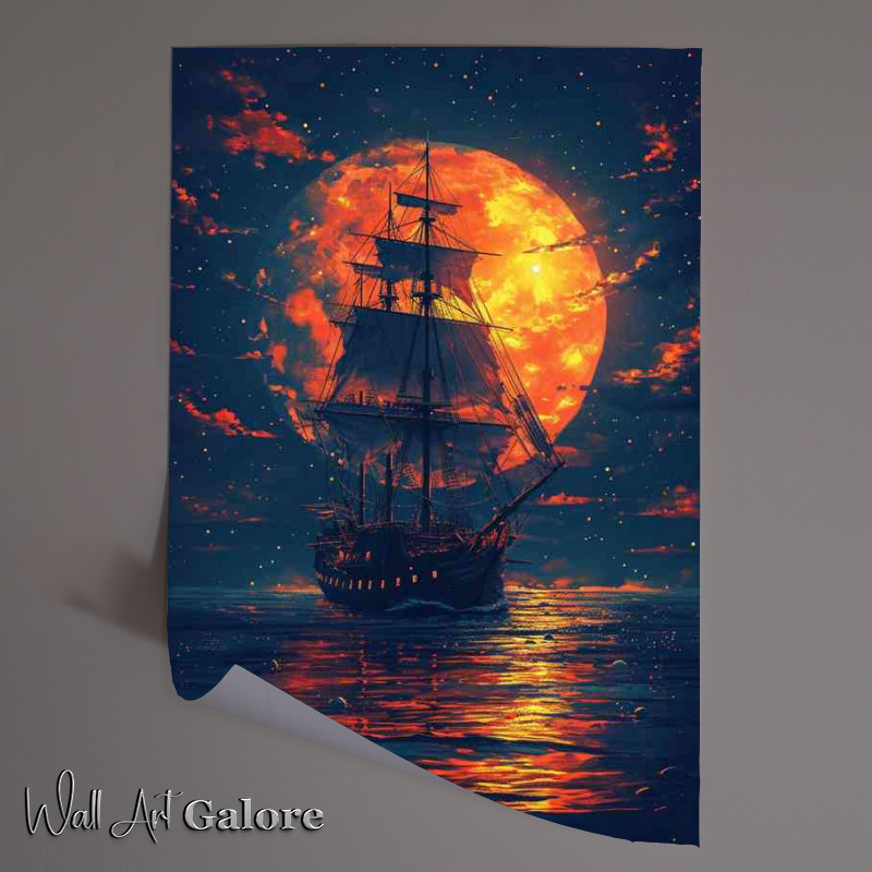 Buy Unframed Poster : (pirate ship under the orange moonlit sky)