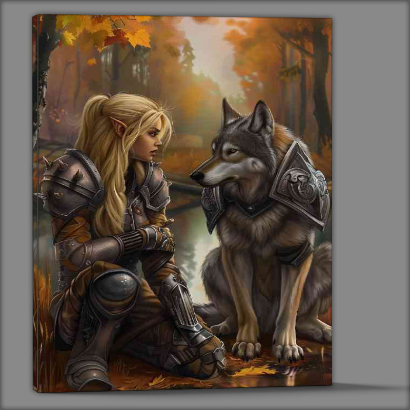 Buy Canvas : (Blonde Elf girl in armor with strong Wolf)