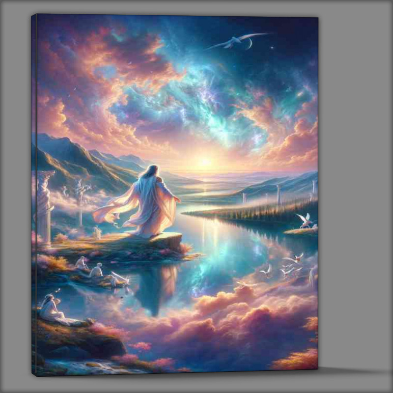 Buy Canvas : (Serene moment in a heavenly landscape featuring a god like figure)