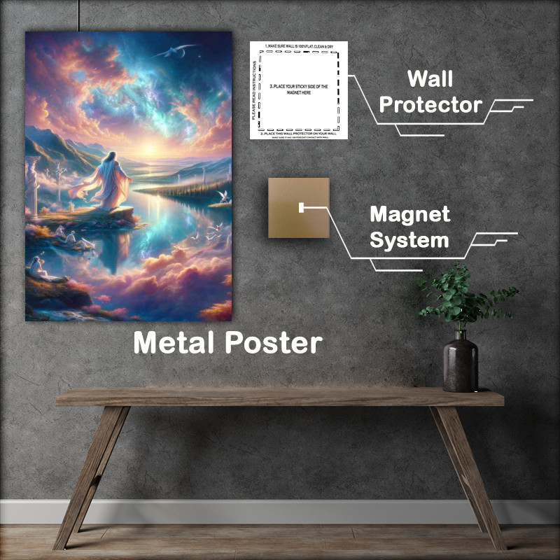 Buy Metal Poster : (Serene moment in a heavenly landscape featuring a god like figure)