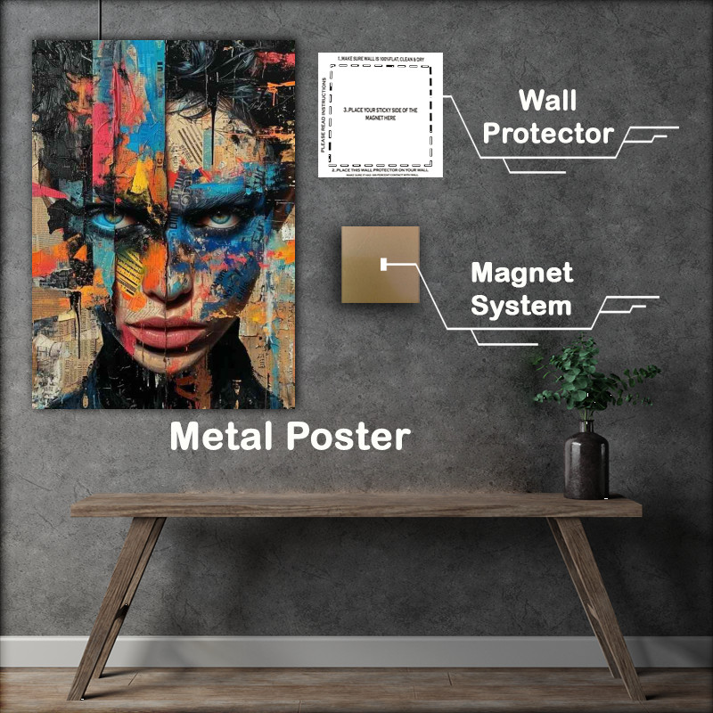Buy Metal Poster : (A Lady covered in mixed paint with blue eyes)
