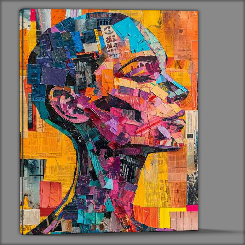 Buy Canvas : (A colorful collage features a human head with a face)
