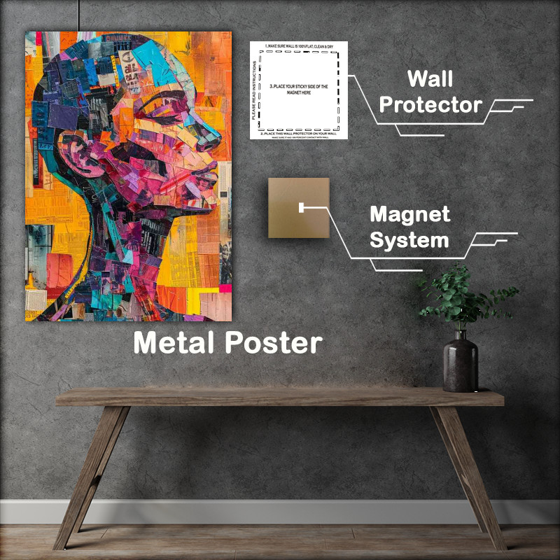 Buy Metal Poster : (A colorful collage features a human head with a face)