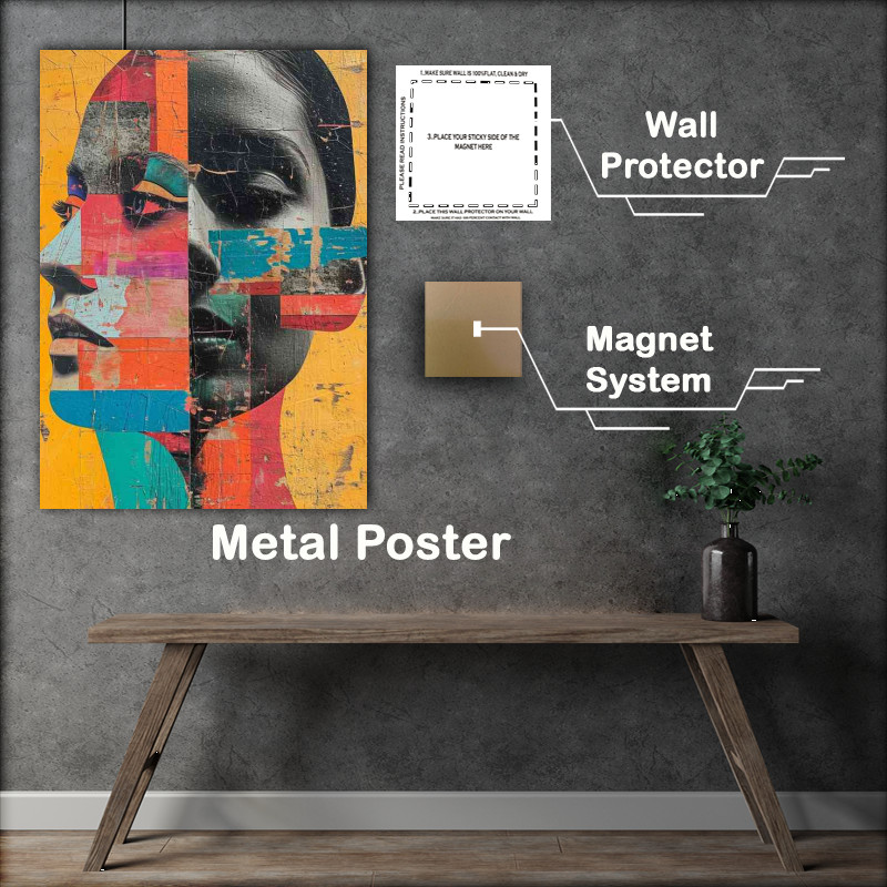 Buy Metal Poster : (A colorful collage features a human head with two faces)
