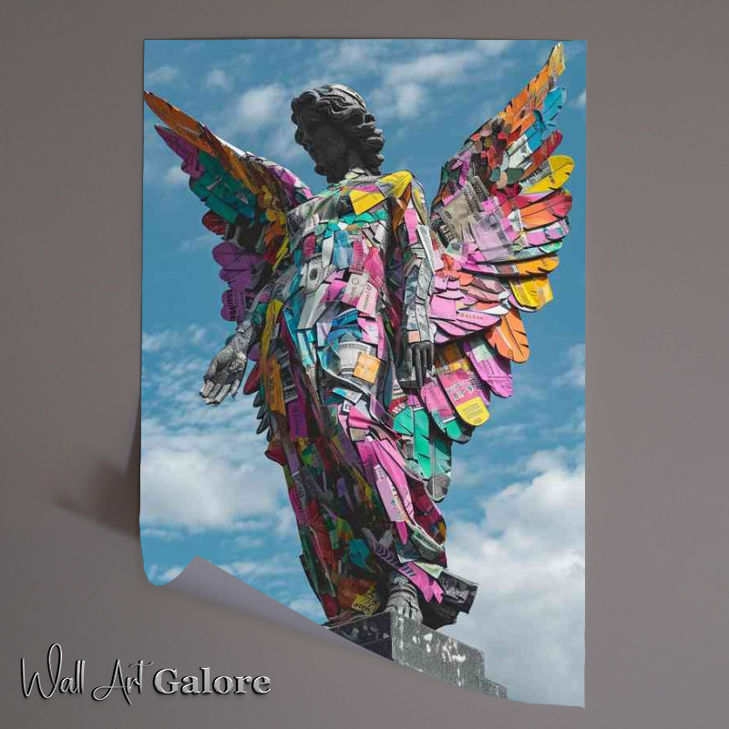 Buy Unframed Poster : (A large black and white picture of a tattoo angel with cloudy sky)