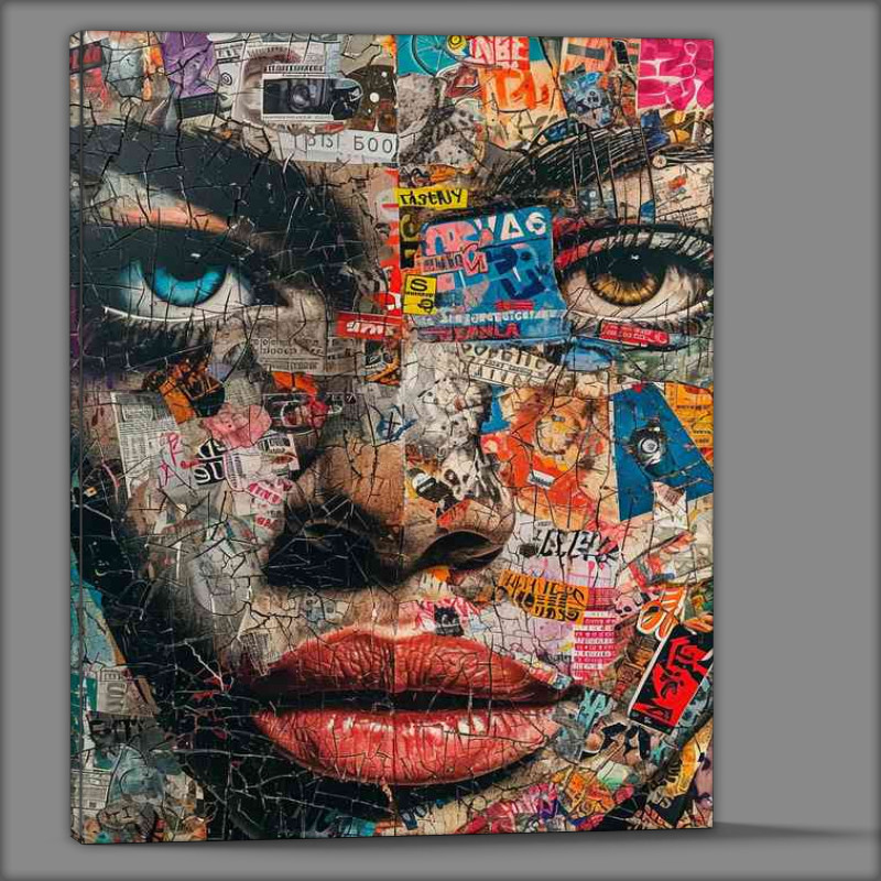 Buy Canvas : (A poster of a face covered in various stickers)