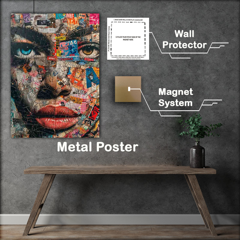 Buy Metal Poster : (A poster of a face covered in various stickers)