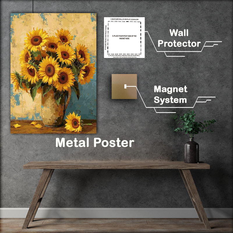 Buy Metal Poster : (A vase of sunflowers on a table)