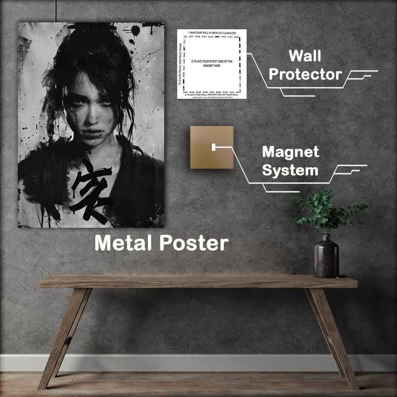 Buy Metal Poster : (Girl kimono in japanese grayscale art)