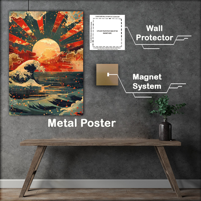 Buy Metal Poster : (Japanese sun rising over the ocean)