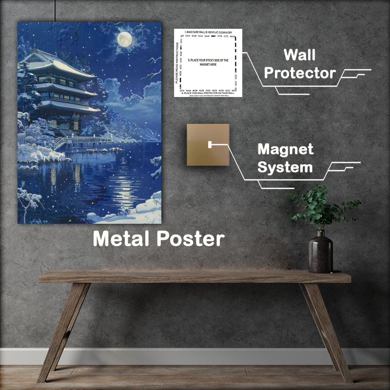 Buy Metal Poster : (Kawase Hasui snowcovered pagoda by the lake at night)