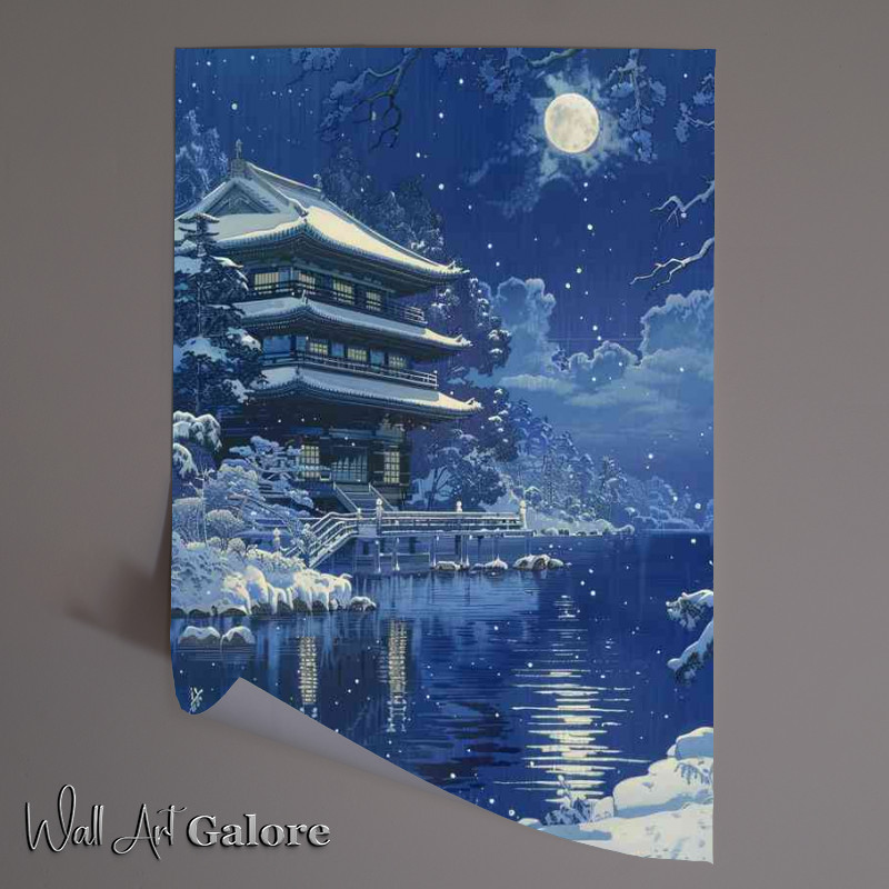 Buy Unframed Poster : (Kawase Hasui snowcovered pagoda by the lake at night)
