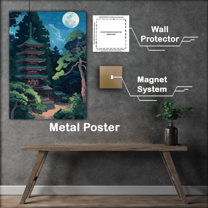 Buy Metal Poster : (Pagoda with red tiles and full moon)