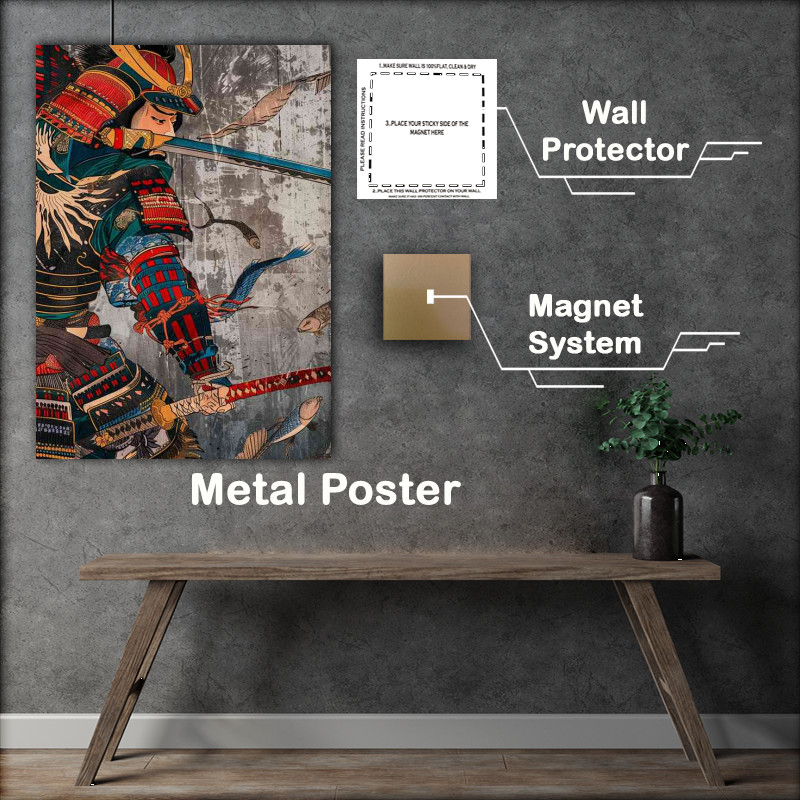 Buy Metal Poster : (Samurai fighting with sword and armor colorful wood)