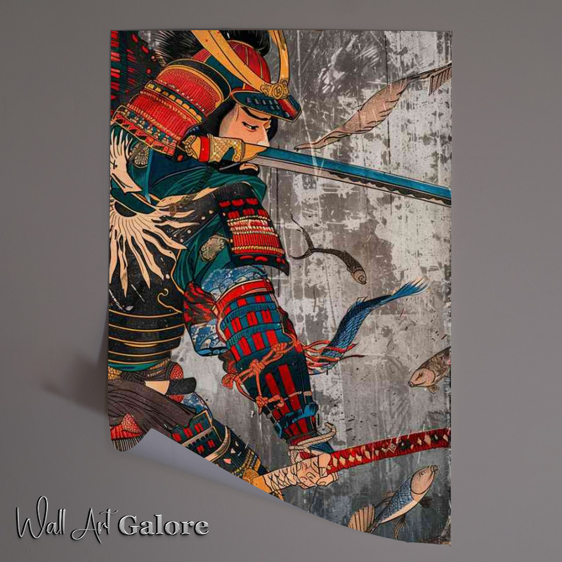 Buy Unframed Poster : (Samurai fighting with sword and armor colorful wood)