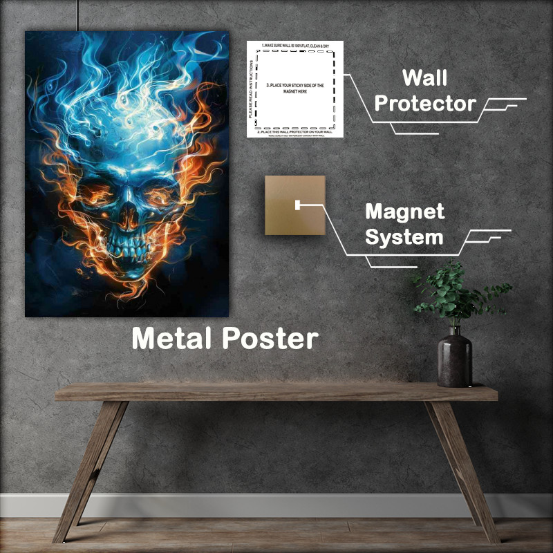 Buy Metal Poster : (A blue skull with blue flames over it)