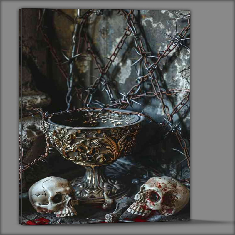 Buy Canvas : (A bowl next to skulls and barbed wire)