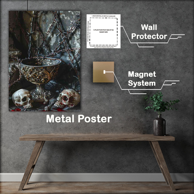 Buy Metal Poster : (A bowl next to skulls and barbed wire)