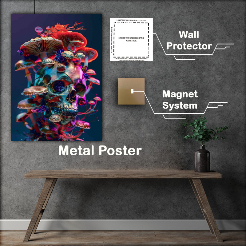 Buy Metal Poster : (A colorful skull with various mushrooms)