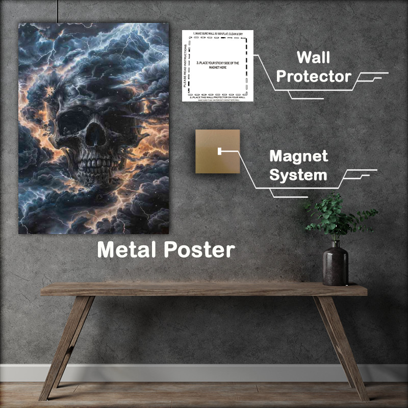 Buy Metal Poster : (Black skull with lightning around it in the clouds)