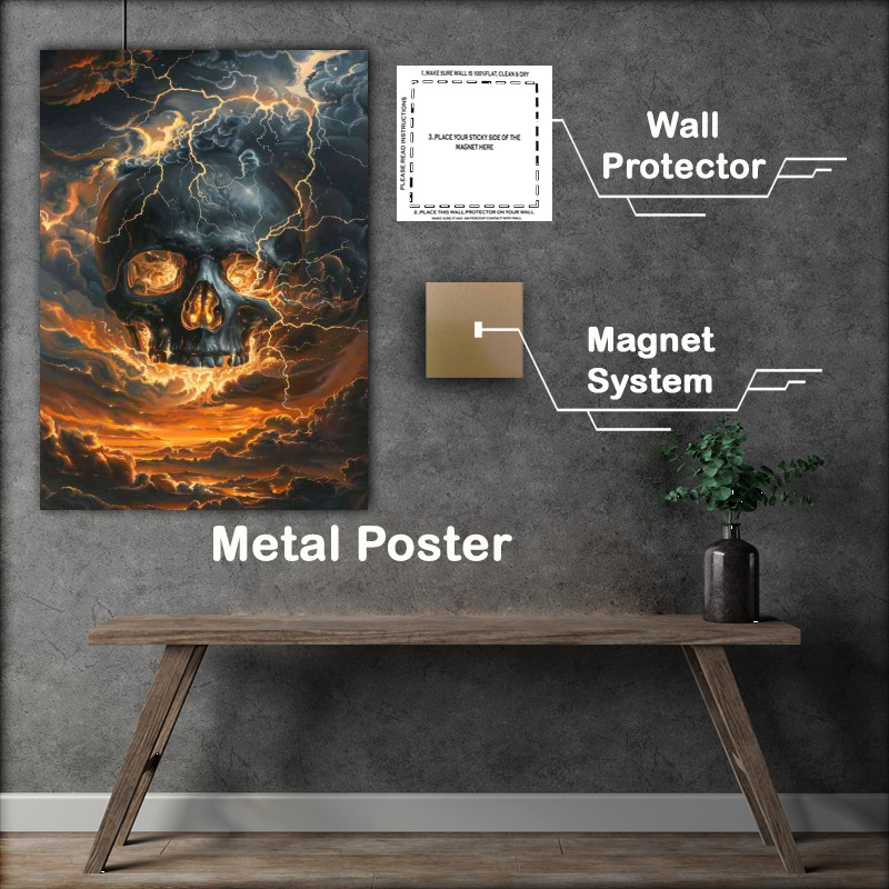 Buy Metal Poster : (Black skull with lightning the clouds)