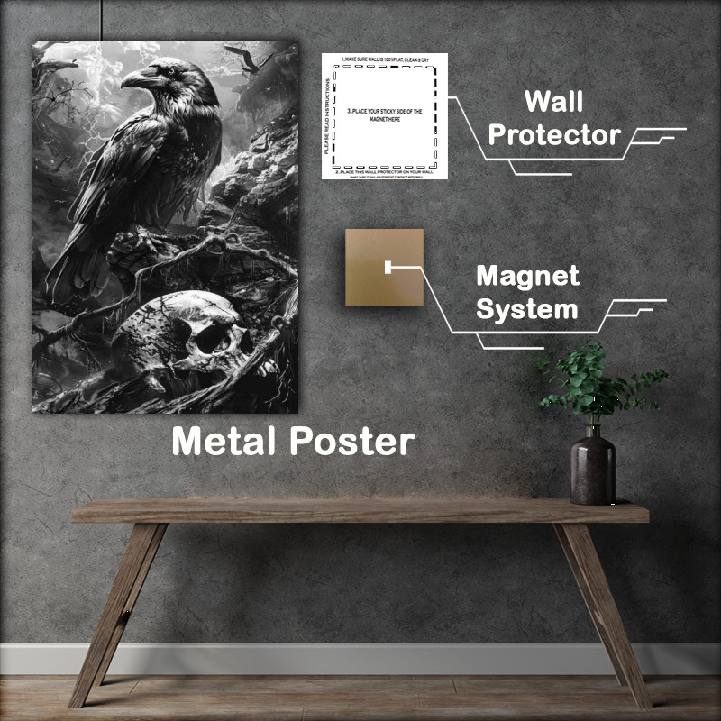 Buy Metal Poster : (Raven and skull in black and white)