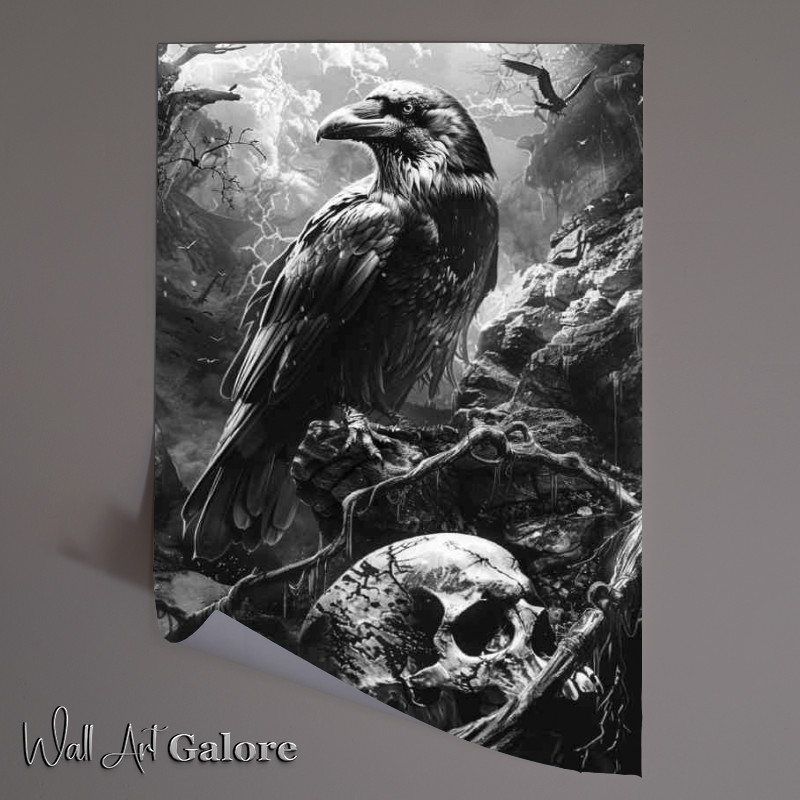 Buy Unframed Poster : (Raven and skull in black and white)
