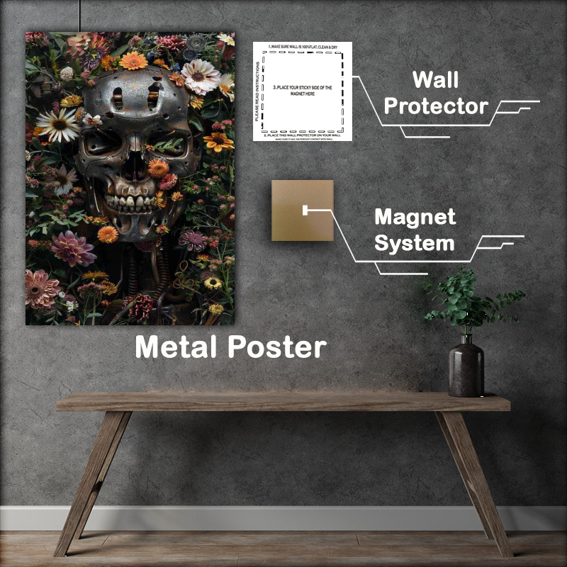Buy Metal Poster : (Robot skull surrounded by lots of flowers)
