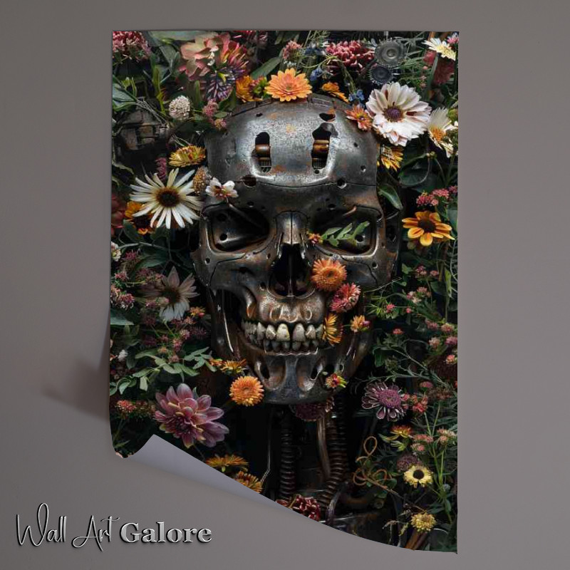 Buy Unframed Poster : (Robot skull surrounded by lots of flowers)