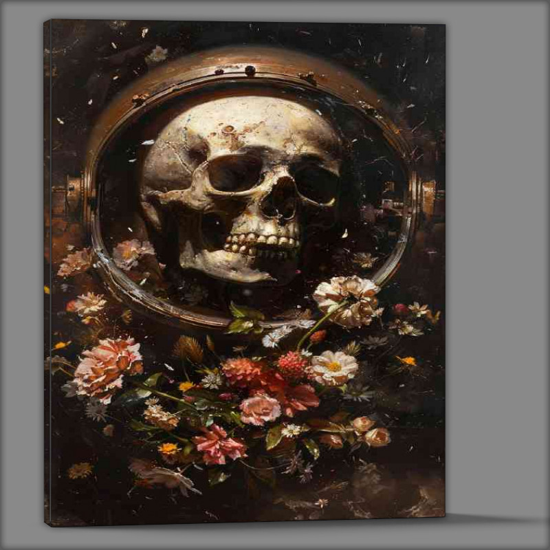 Buy Canvas : (The skull is in a rusted helmet surrounded by flowers)
