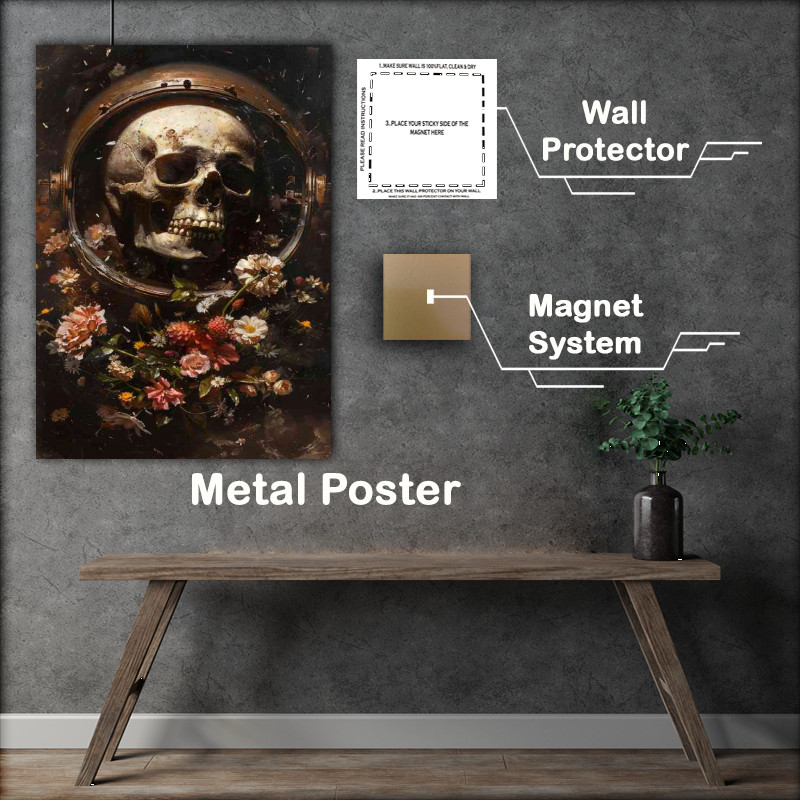 Buy Metal Poster : (The skull is in a rusted helmet surrounded by flowers)
