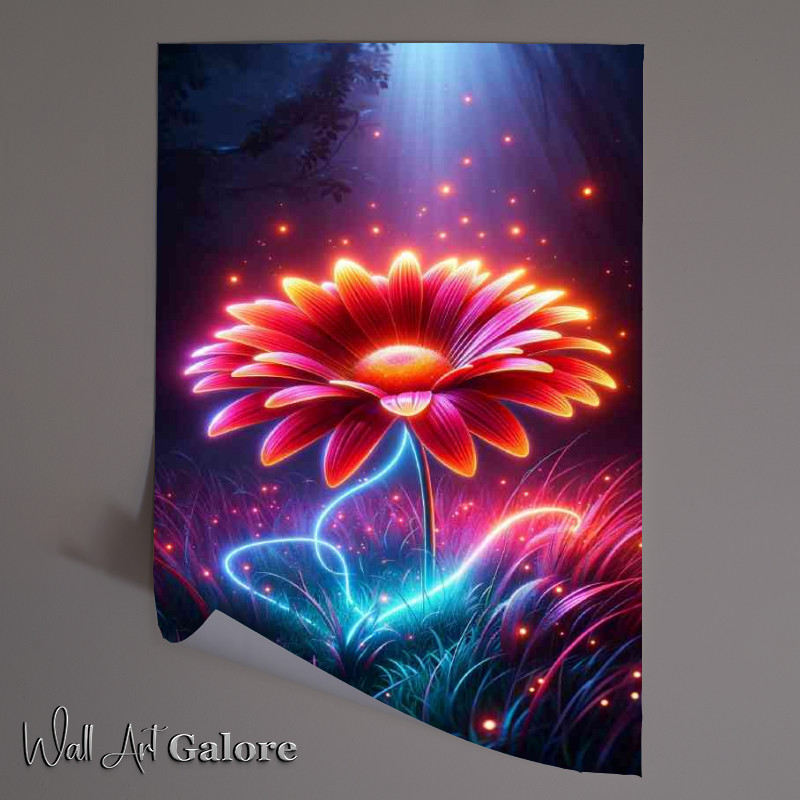 Buy Unframed Poster : (Glowing neon daisy its petals a brilliant array of reds and oranges)