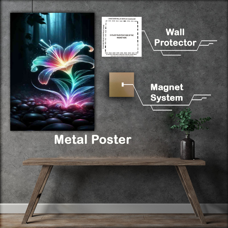 Buy Metal Poster : (Luminous neon lily its petals glowing with a rainbow of colors)