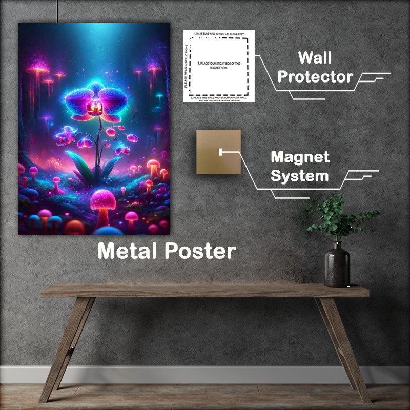 Buy Metal Poster : (Radiant neon Orchid its petals displaying electric blues and pinks)