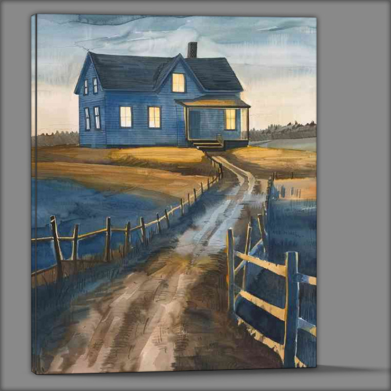 Buy Canvas : (Blue farmhouse with yellow light shining through)