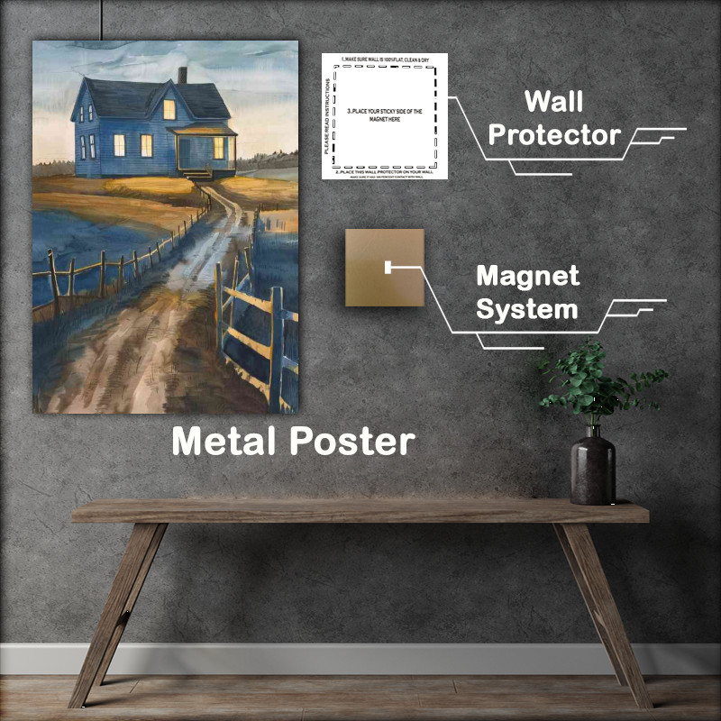 Buy Metal Poster : (Blue farmhouse with yellow light shining through)