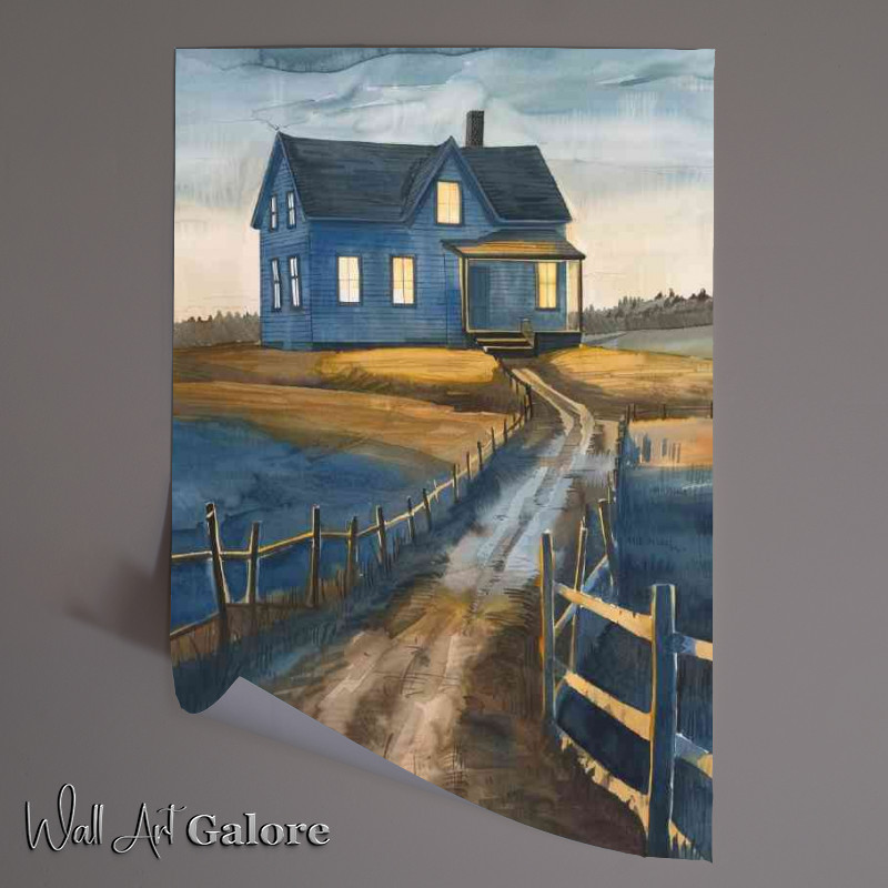 Buy Unframed Poster : (Blue farmhouse with yellow light shining through)