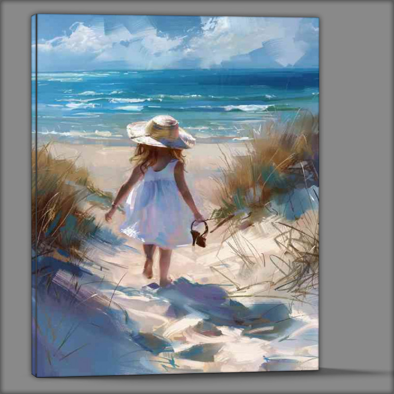 Buy Canvas : (Girl in a white dress and sun hat walking alone)