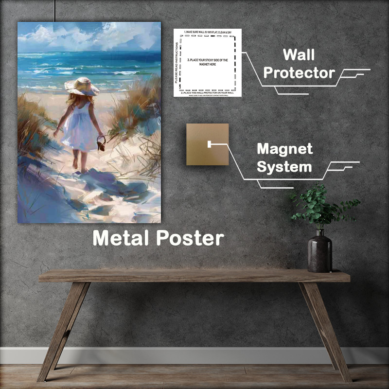 Buy Metal Poster : (Girl in a white dress and sun hat walking alone)