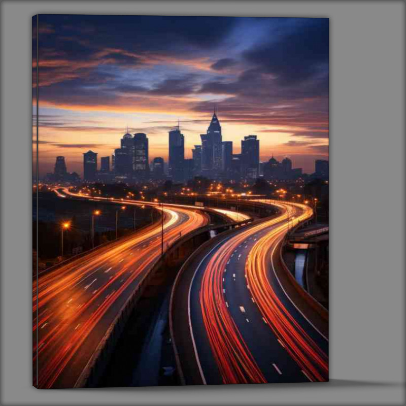 Buy Canvas : (Highway with lights in the dusk sky)