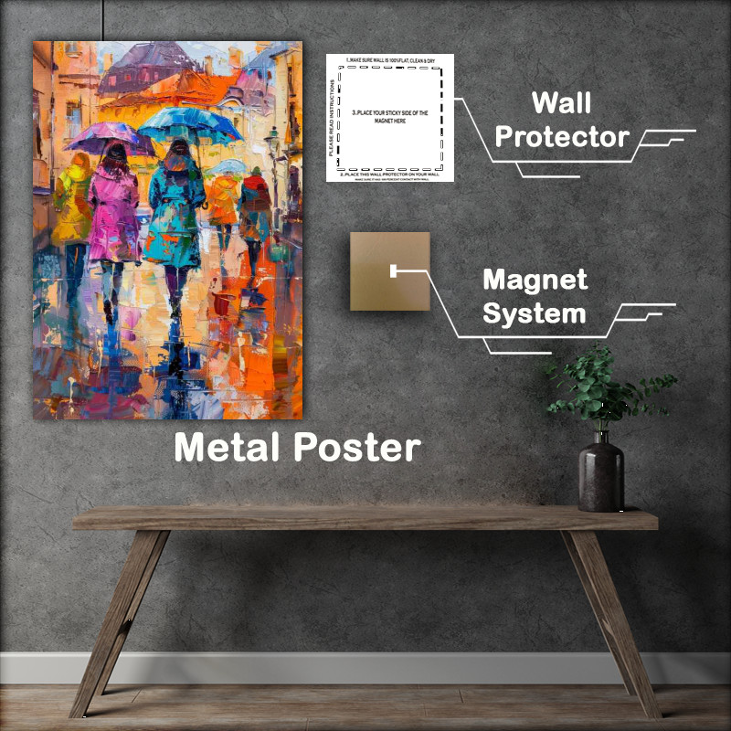Buy Metal Poster : (Ladys walking down the street with umberellas)