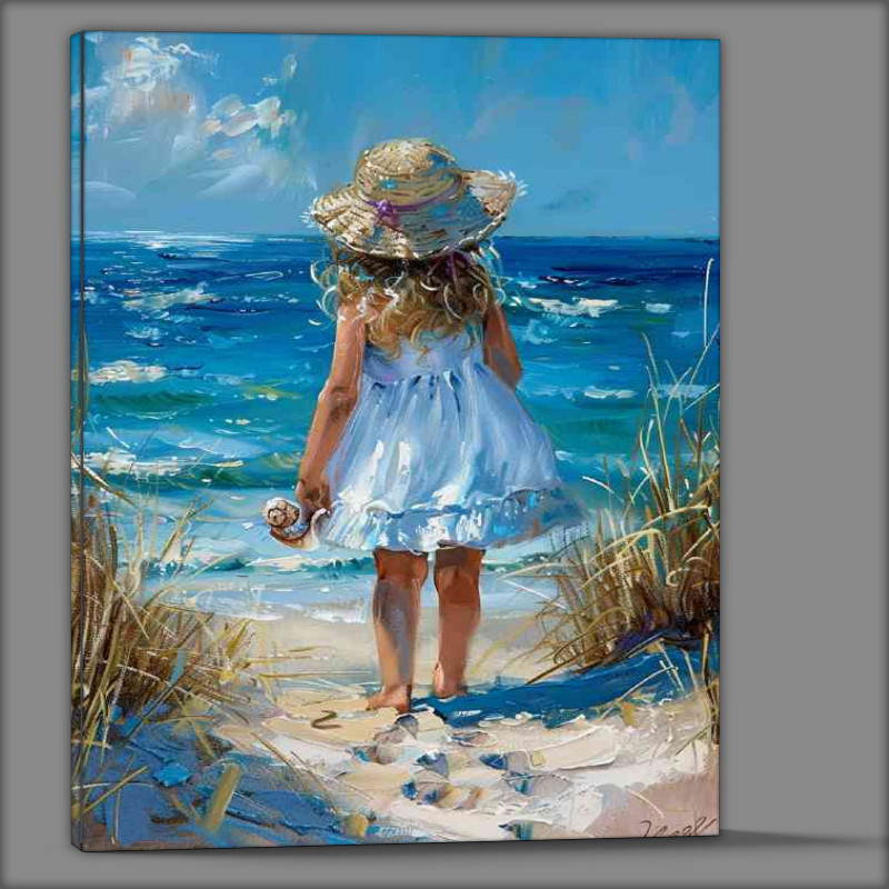Buy Canvas : (Little girl in a white dress and sun hat walking to the beech)