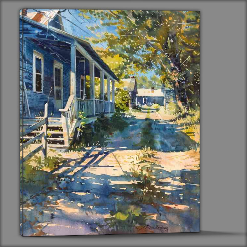 Buy Canvas : (Old blue farmhouse with a white porch)
