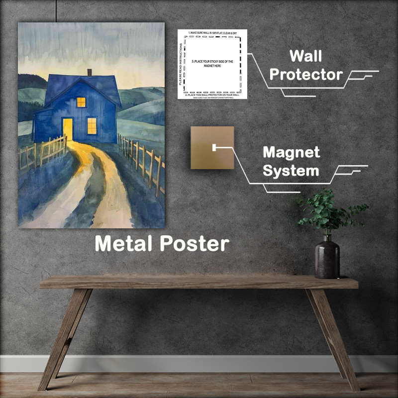 Buy Metal Poster : (The blue farmhouse with yellow light)