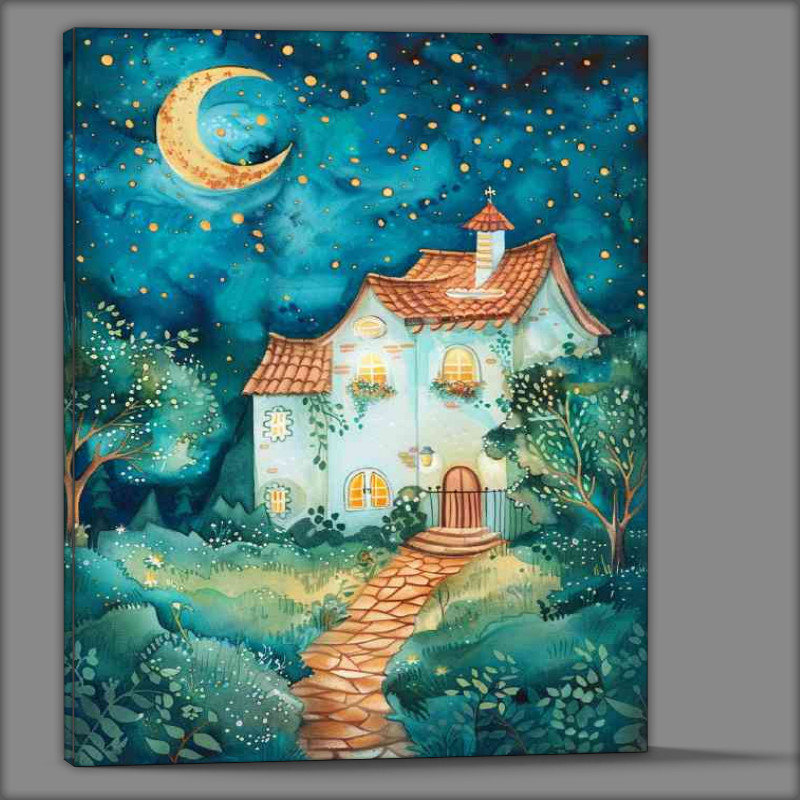 Buy Canvas : (The house at night with moon and stars)