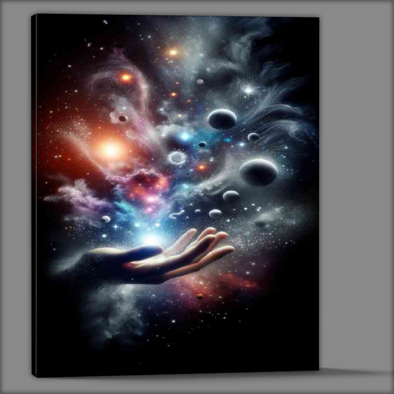 Buy Canvas : (Hand dispersing a cloud of cosmic dust into celestial bodies)