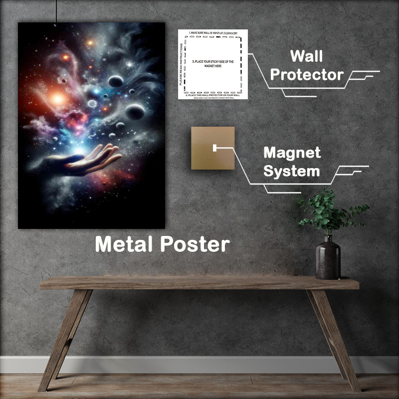Buy Metal Poster : (Hand dispersing a cloud of cosmic dust into celestial bodies)