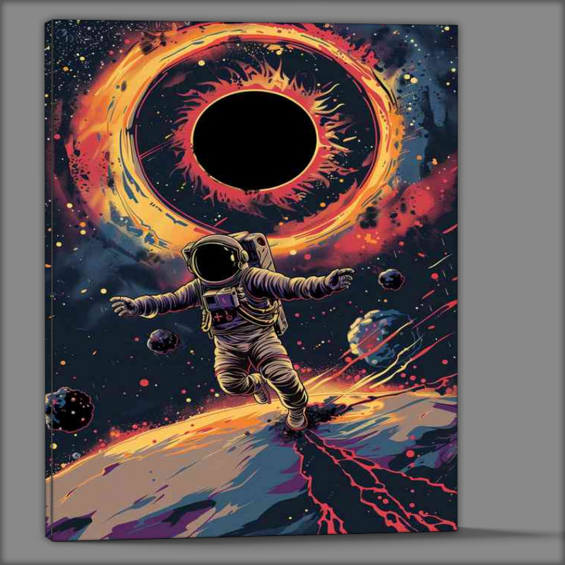 Buy Canvas : (Astronaut taking off in space above a giant black hole)